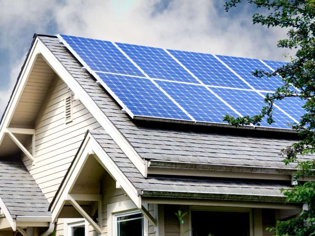 Solar panels positioned on a house roof