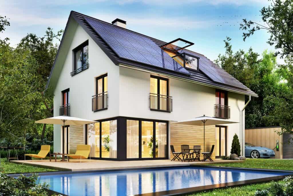 Energy efficient home with solar panels on the roof.